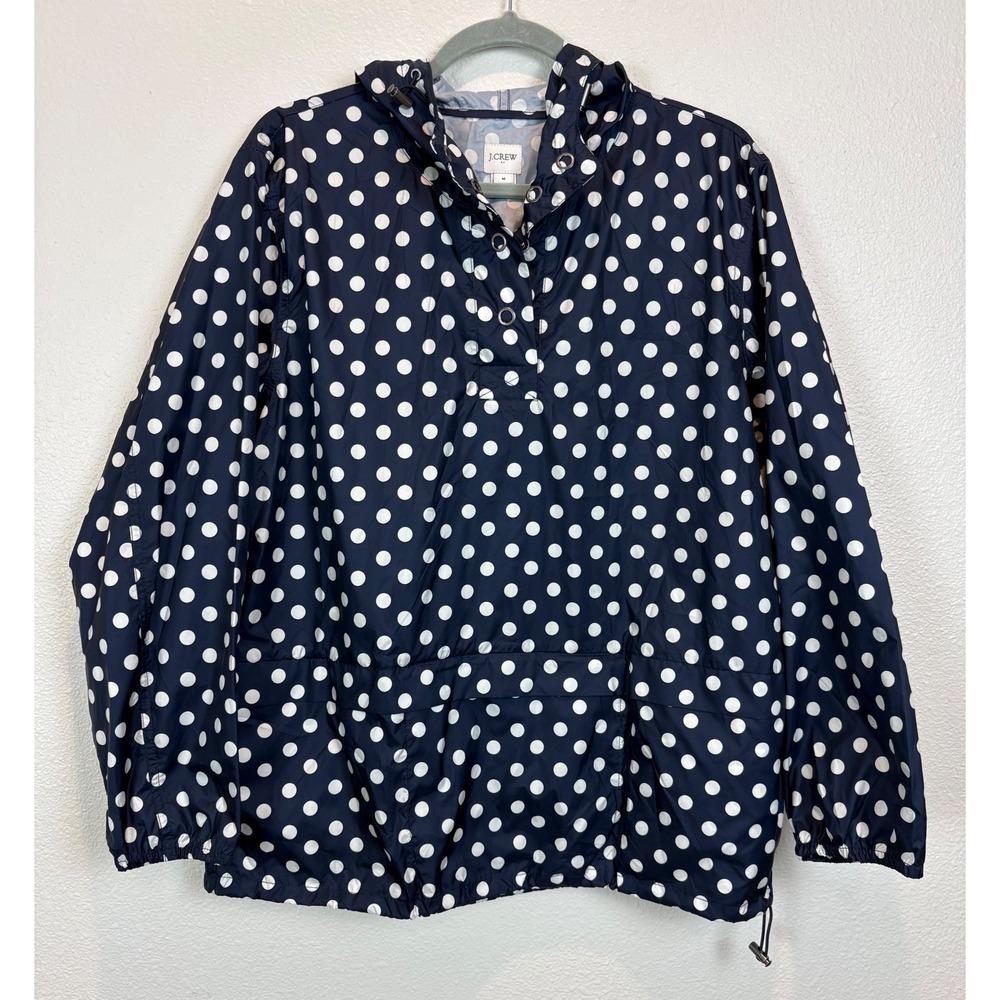 J.Crew Women Medium Packable Popover Jacket Navy Polka Dot Lightweight Preppy